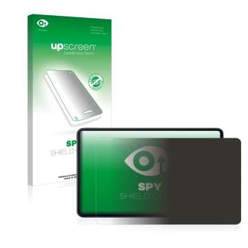 Face avant d’un emballage produit avec le logo de la marque upscreen. À côté, l’appareil Huawei MatePad Pro 10.8