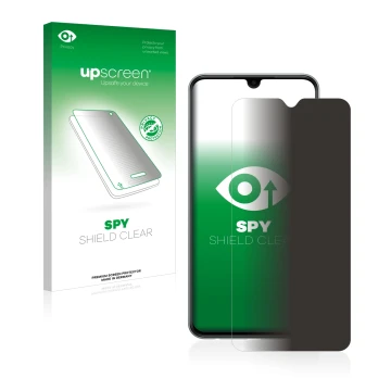 Face avant d’un emballage produit avec le logo de la marque upscreen. À côté, l’appareil Samsung Galaxy M33 est représenté ave
