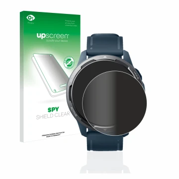 Face avant d’un emballage produit avec le logo de la marque upscreen. À côté, l’appareil Xiaomi Watch S1 Active est représenté