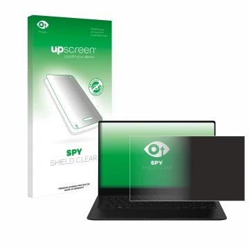 Face avant d’un emballage produit avec le logo de la marque upscreen. À côté, l’appareil Samsung Galaxy Book2 Pro 13.3