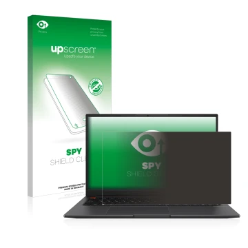 Face avant d’un emballage produit avec le logo de la marque upscreen. À côté, l’appareil ASUS VivoBook S 15 OLED est représent