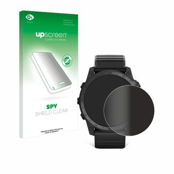 Face avant d’un emballage produit avec le logo de la marque upscreen. À côté, l’appareil Garmin Tactix 7 Pro Ballistics est re