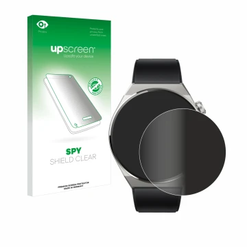 Face avant d’un emballage produit avec le logo de la marque upscreen. À côté, l’appareil Huawei Watch GT 3 Pro Titanium (46mm)