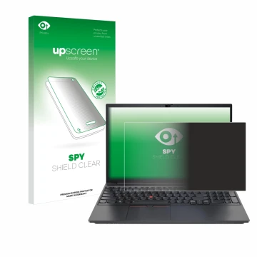 Face avant d’un emballage produit avec le logo de la marque upscreen. À côté, l’appareil Lenovo ThinkPad E15 Gen 3 est représe
