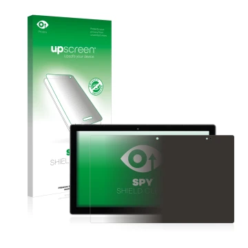 Face avant d’un emballage produit avec le logo de la marque upscreen. À côté, l’appareil Wortmann Terra Pad 1162 N4120 W11 Pro