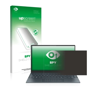 Face avant d’un emballage produit avec le logo de la marque upscreen. À côté, l’appareil ASUS ZenBook 13 OLED est représenté a