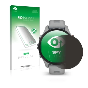 Face avant d’un emballage produit avec le logo de la marque upscreen. À côté, l’appareil Garmin Forerunner 255S Music est repr