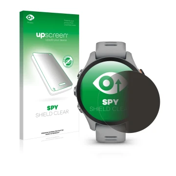 Face avant d’un emballage produit avec le logo de la marque upscreen. À côté, l’appareil Garmin Forerunner 255S est représenté