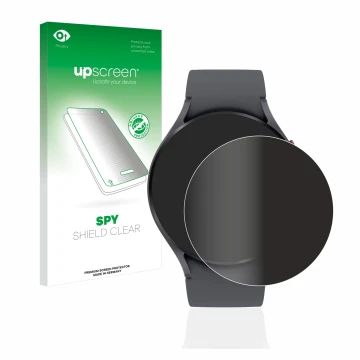 Face avant d’un emballage produit avec le logo de la marque upscreen. À côté, l’appareil Samsung Galaxy Watch 5 (44mm) est rep