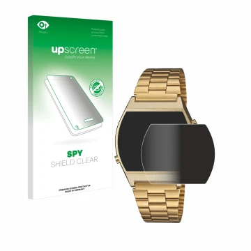 Face avant d’un emballage produit avec le logo de la marque upscreen. À côté, l’appareil Casio Retro B640WB est représenté ave