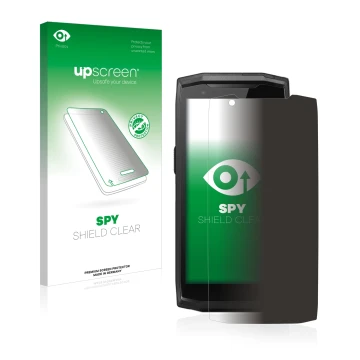 Face avant d’un emballage produit avec le logo de la marque upscreen. À côté, l’appareil Crosscall Core-M5 est représenté avec
