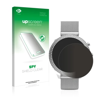 Face avant d’un emballage produit avec le logo de la marque upscreen. À côté, l’appareil Fossil Stella (6. Gen) est représenté