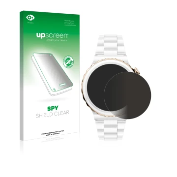 Face avant d’un emballage produit avec le logo de la marque upscreen. À côté, l’appareil Huawei Watch GT 3 Pro Ceramic (43mm) 