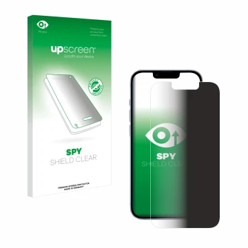 Face avant d’un emballage produit avec le logo de la marque upscreen. À côté, l’appareil Apple iPhone 14 est représenté avec l