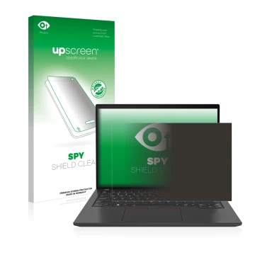 Face avant d’un emballage produit avec le logo de la marque upscreen. À côté, l’appareil Lenovo ThinkPad T14 Gen 3 est représe