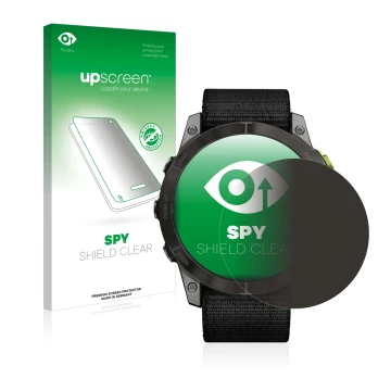 Face avant d’un emballage produit avec le logo de la marque upscreen. À côté, l’appareil Garmin Enduro 2 est représenté avec l