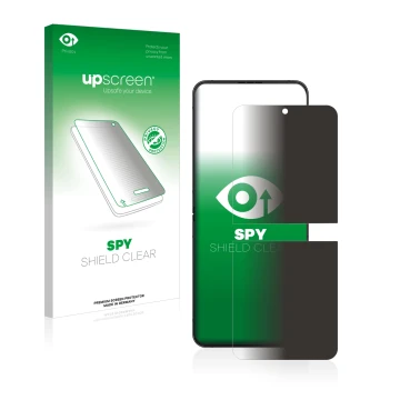 Face avant d’un emballage produit avec le logo de la marque upscreen. À côté, l’appareil Samsung Galaxy Z Flip 4 est représent