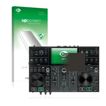 Face avant d’un emballage produit avec le logo de la marque upscreen. À côté, l’appareil Denon DJ Prime Go est représenté avec