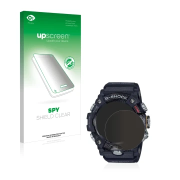 Face avant d’un emballage produit avec le logo de la marque upscreen. À côté, l’appareil Casio G-Shock Mudmaster GG-B100-1AER 