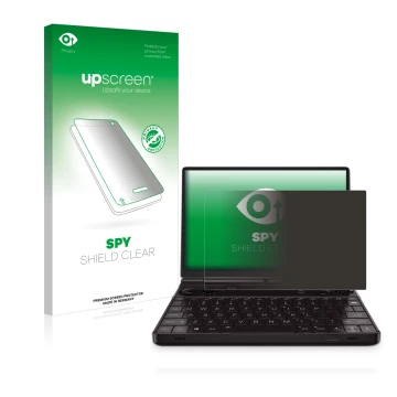 Face avant d’un emballage produit avec le logo de la marque upscreen. À côté, l’appareil GPD Win Max 2 est représenté avec la 