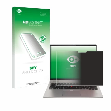 Face avant d’un emballage produit avec le logo de la marque upscreen. À côté, l’appareil Lenovo ThinkPad X1 Titanium Yoga Gen 