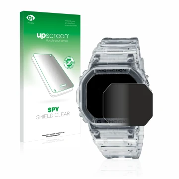 Face avant d’un emballage produit avec le logo de la marque upscreen. À côté, l’appareil Casio G-Shock DW-5600SKE-7 est représ