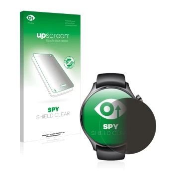 Face avant d’un emballage produit avec le logo de la marque upscreen. À côté, l’appareil Xiaomi Watch S1 Pro est représenté av