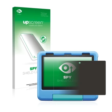 Face avant d’un emballage produit avec le logo de la marque upscreen. À côté, l’appareil Amazon Fire HD 8 Kids 2022 est représ