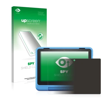 Face avant d’un emballage produit avec le logo de la marque upscreen. À côté, l’appareil Amazon Fire HD 8 Kids Pro 2022 est re