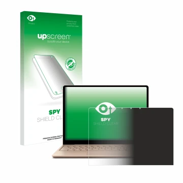 Face avant d’un emballage produit avec le logo de la marque upscreen. À côté, l’appareil Microsoft Surface Laptop Go 2 Busines