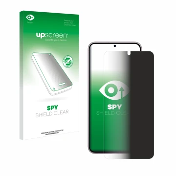 Face avant d’un emballage produit avec le logo de la marque upscreen. À côté, l’appareil Samsung Galaxy S23 Plus est représent