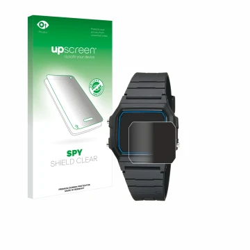 Face avant d’un emballage produit avec le logo de la marque upscreen. À côté, l’appareil Casio F-105W-1AWYEF est représenté av