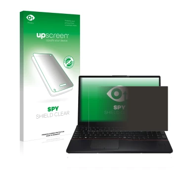 Face avant d’un emballage produit avec le logo de la marque upscreen. À côté, l’appareil Fujitsu Lifebook E5512 est représenté