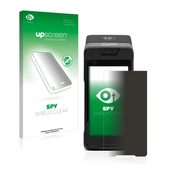 Face avant d’un emballage produit avec le logo de la marque upscreen. À côté, l’appareil myPOS Carbon est représenté avec la p