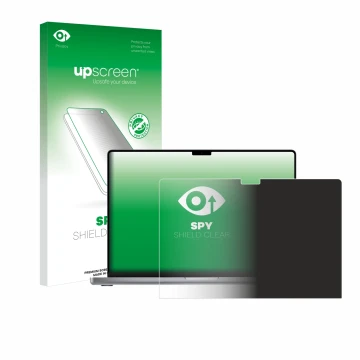 Face avant d’un emballage produit avec le logo de la marque upscreen. À côté, l’appareil Apple MacBook Pro 16
