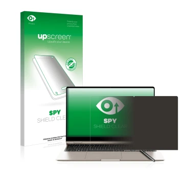 Face avant d’un emballage produit avec le logo de la marque upscreen. À côté, l’appareil Samsung Galaxy Book3 360 15.6