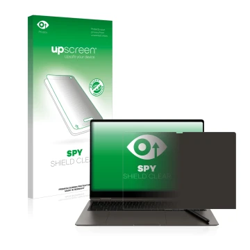 Face avant d’un emballage produit avec le logo de la marque upscreen. À côté, l’appareil Samsung Galaxy Book3 Pro 360 16