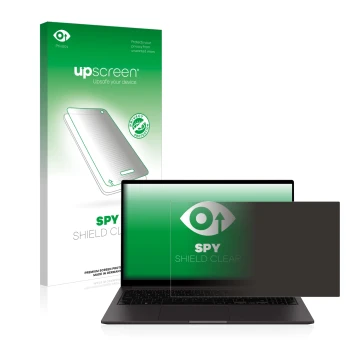 Face avant d’un emballage produit avec le logo de la marque upscreen. À côté, l’appareil Samsung Galaxy Book2 15.6