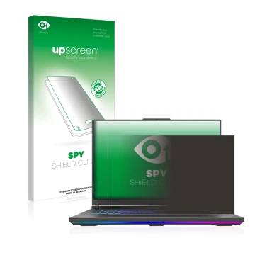 Face avant d’un emballage produit avec le logo de la marque upscreen. À côté, l’appareil ASUS ROG Strix G18 G814 2023 est repr