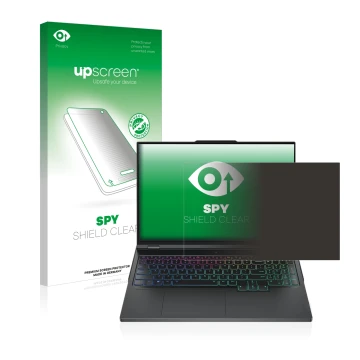 Face avant d’un emballage produit avec le logo de la marque upscreen. À côté, l’appareil Lenovo Legion Pro 7 16