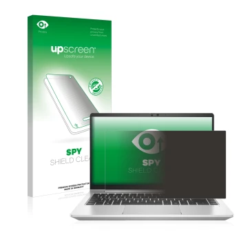 Face avant d’un emballage produit avec le logo de la marque upscreen. À côté, l’appareil HP ProBook 445 G8 est représenté avec