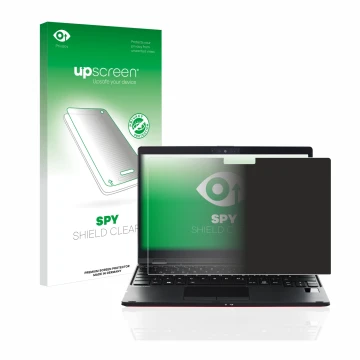 Face avant d’un emballage produit avec le logo de la marque upscreen. À côté, l’appareil Fujitsu Lifebook U9311X est représent