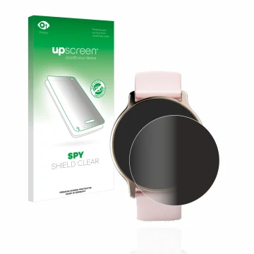 Face avant d’un emballage produit avec le logo de la marque upscreen. À côté, l’appareil Hama Fit Watch 4910 est représenté av