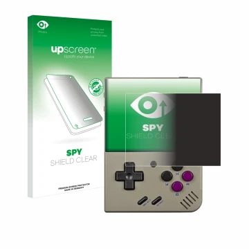 Face avant d’un emballage produit avec le logo de la marque upscreen. À côté, l’appareil Miyoo Mini Plus est représenté avec l