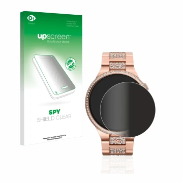Face avant d’un emballage produit avec le logo de la marque upscreen. À côté, l’appareil Michael Kors Camille Gen 6 MKT5147 es