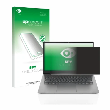 Face avant d’un emballage produit avec le logo de la marque upscreen. À côté, l’appareil Lenovo ThinkBook 14 Gen 4 est représe