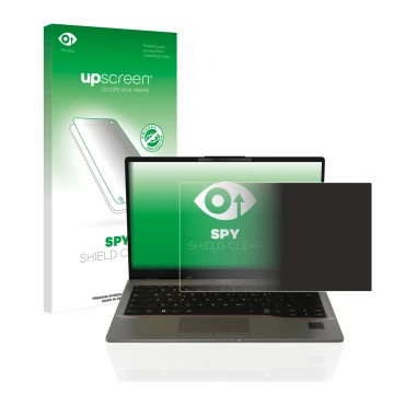 Face avant d’un emballage produit avec le logo de la marque upscreen. À côté, l’appareil Fujitsu Lifebook U7412 est représenté