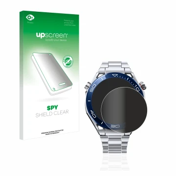 Face avant d’un emballage produit avec le logo de la marque upscreen. À côté, l’appareil Huawei Watch Ultimate (48.5 mm) est r
