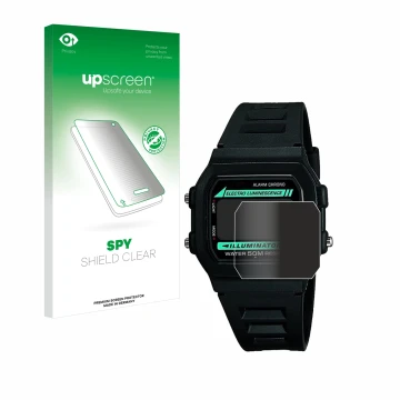 Face avant d’un emballage produit avec le logo de la marque upscreen. À côté, l’appareil Casio W-86-1VQES est représenté avec 