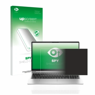 Face avant d’un emballage produit avec le logo de la marque upscreen. À côté, l’appareil HP ProBook 450 G10 est représenté ave